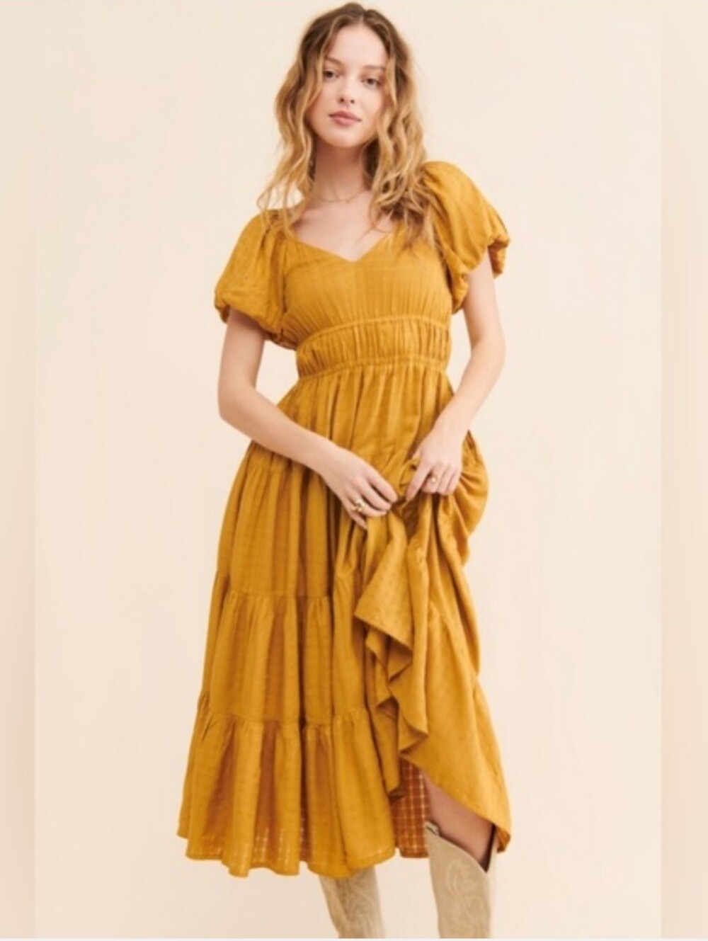 Cleobella Mustard Midi Dress with Puff Sleeves